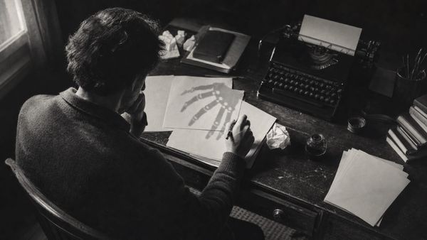 An AI-generated image of a writer pausing over manuscript pages as the shadow of a mechanical hand falls across his work.