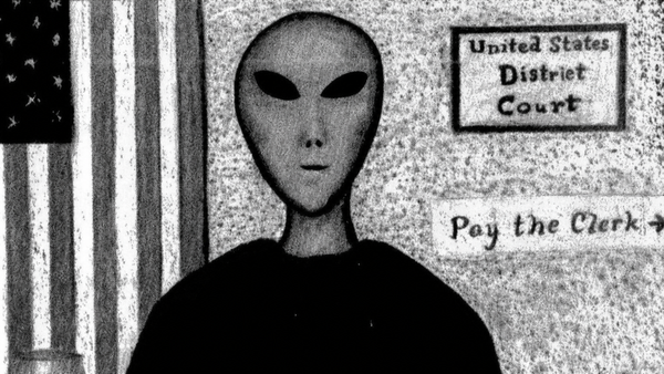 A black-and-white illustration of an alien as a federal judge in a courtroom by Stephen Warde Anderson.