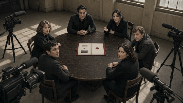 Six conspirators sit before press cameras with their faces illuminated and an open red dossier displayed on the table. (AI-generated image)