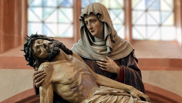 A carved Pietà of Mary holding the body of Christ in the Cathedral of St. Bartholomew, Frankfurt, Germany. (Photo by Scott P. Richert.)
