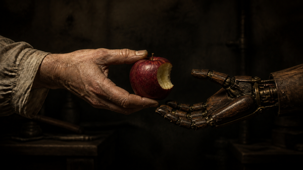 A human hand passes a red apple with a bite taken out of it to the open wooden-and-brass hand of an automaton. (AI-generated image)