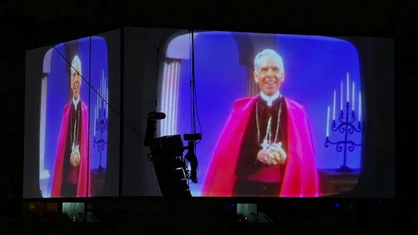 Blessed Fulton J. Sheen on the Jumbotron at the Dome at America’s Center in St. Louis before his Beatification Mass. (Photo by Scott P. Richert)