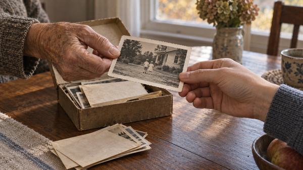 An older hand passes a worn photograph to a younger hand above an open box of prints on a wooden table. (AI-generated image)