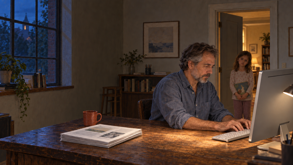 An editor works at his computer after dark while his daughter waits in the doorway holding a book. (AI-generated image)
