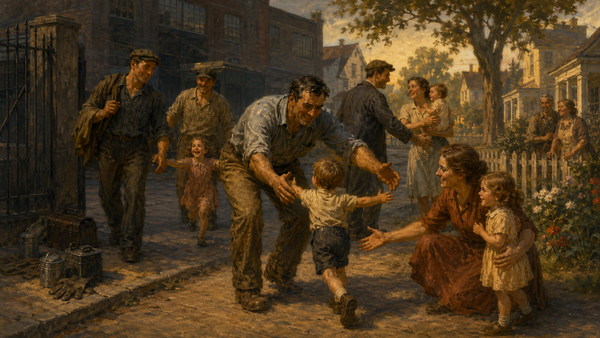 In the style of a social-realist painting, men leave a shadowed factory as children and spouses welcome them into the golden light of home. (AI-generated image)