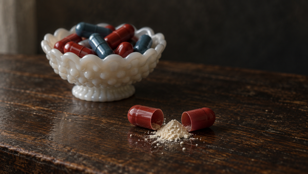 An opened red capsule beside a milk-glass dish filled with red and blue capsules reveals its powdery contents. (AI-generated image)
