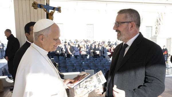 Scott P. Richert makes a presentation to Pope Leo XIV on December 10, 2025, at Saint Peter’s Basilica, Vatican City.