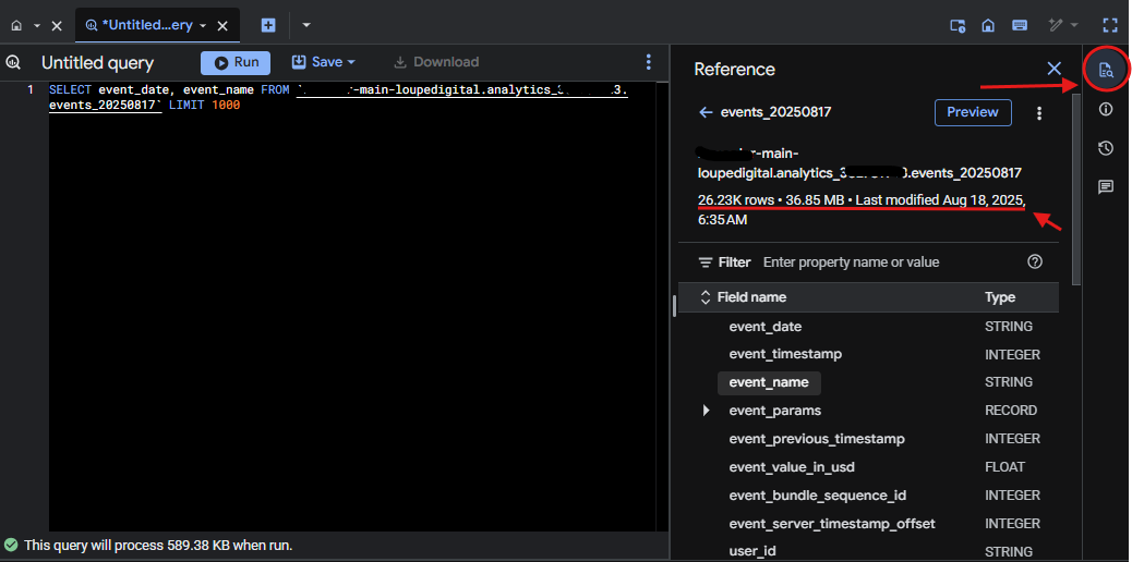 The new Reference panel, summarizing key table information, in the BigQuery UI