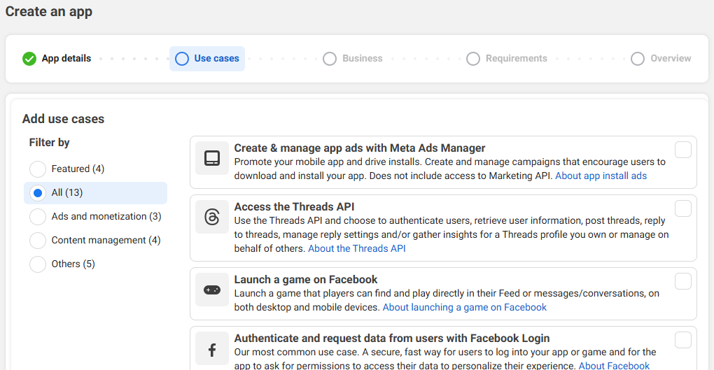 Declaring the use case for the Facebook app.