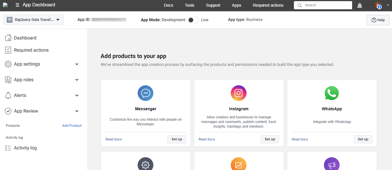 The App dashboard once the app is created.