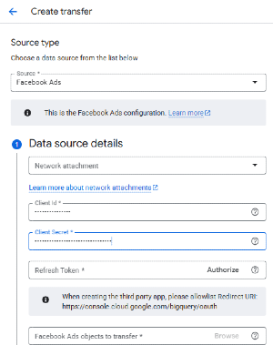 BigQuery Data Transfer configuration form for Facebook Ads.