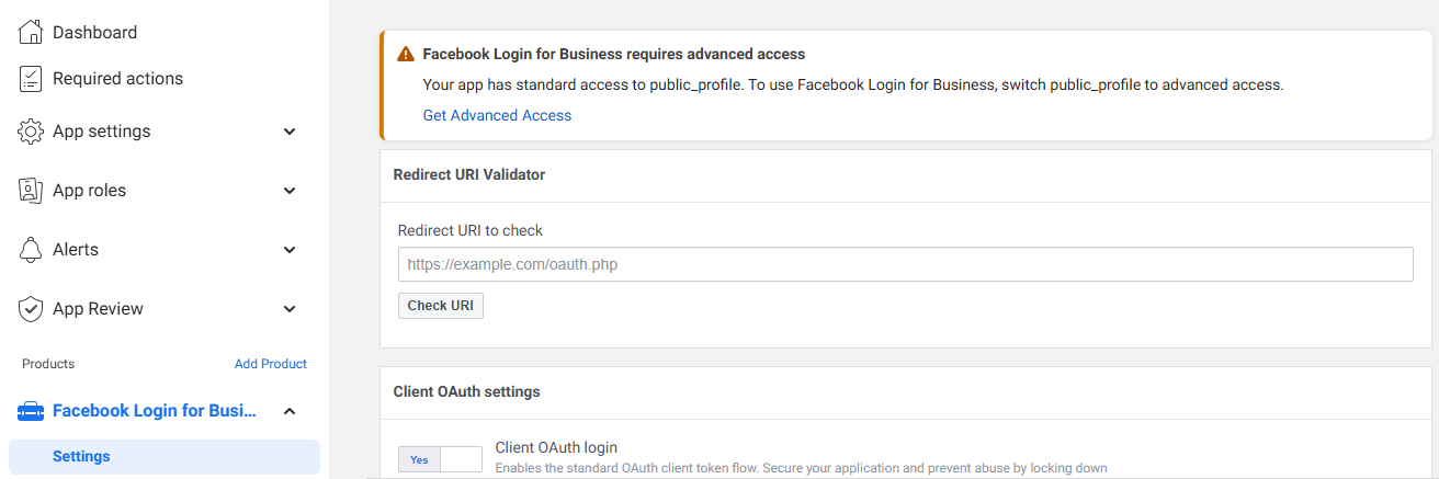 Facebook Login for Business product settings