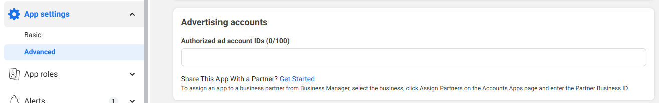 Settings to limit the ad accounts in scope within the Meta developer app