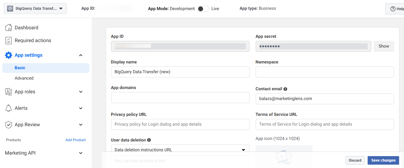Retrieving the client ID and client secret for the Facebook Ads BigQuery transfer setup.