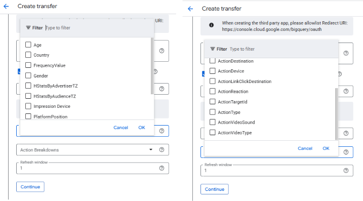 Customizing columns and table granularity, selecting dimensions and action breakdowns in Facebook Ads BigQuery data transfer