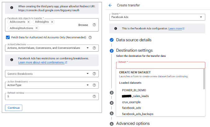 Setting refresh window and defining destination dataset in Facebook Data Transfer
