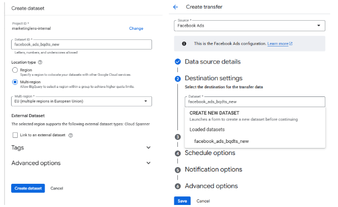 Defining the target dataset; in this case setting up a new one for the BigQuery Facebook Ads Data Transfer