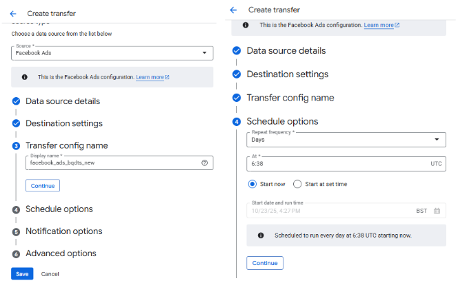 Setting the Transfer name and scheduling options in the BigQuery Facebook Ads Data Transfer