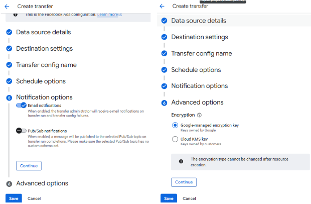 Enabling notifications and advanced options in the BigQuery Facebook Ads Data Transfer