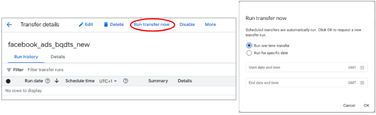 Running the BigQuery Facebook Ads Data Transfer to test if it works