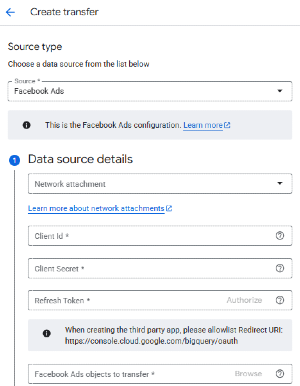 BigQuery Data Transfer configuration form for Facebook Ads.