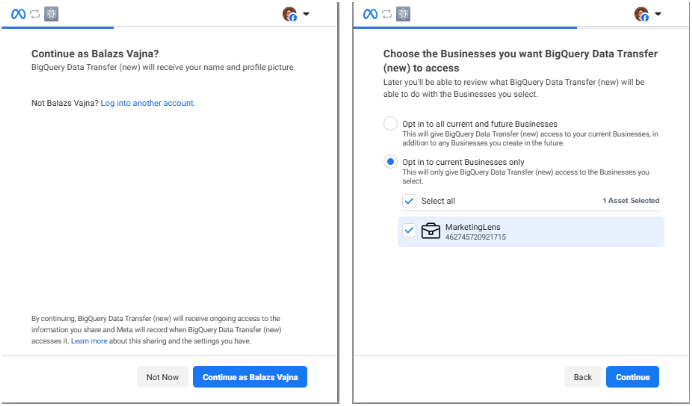Facebook authorization to give credentials to the data transfer