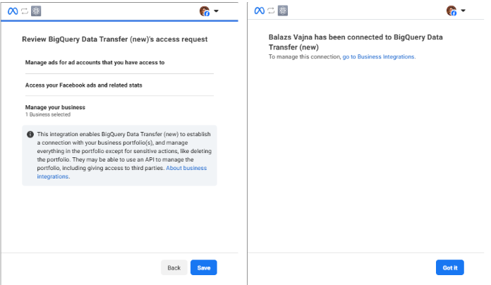 Facebook authorization to give credentials to the data transfer (continued)