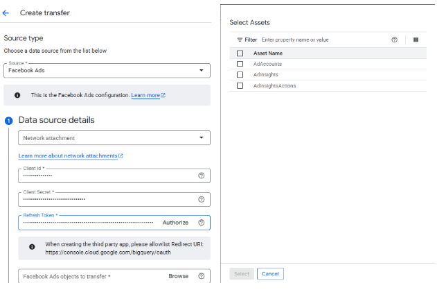 Selecting which tables to load in Facebook Ads BigQuery data transfer
