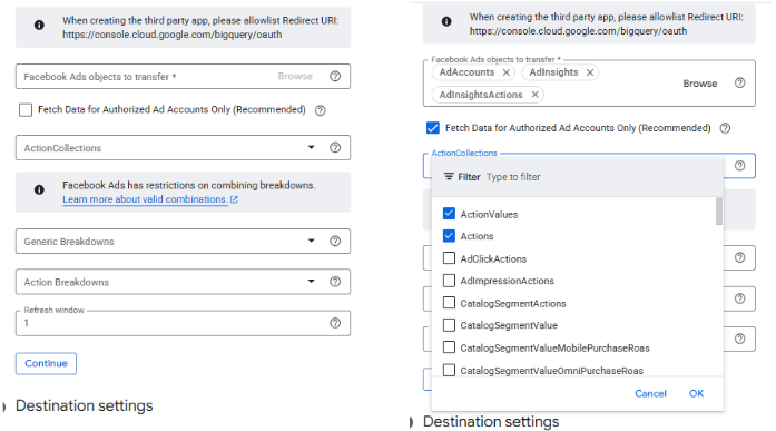 Customizing columns and table granularity, selecting action collections (metrics)  in Facebook Ads BigQuery data transfer