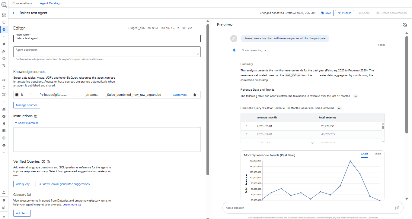 Conversational analytics window: configuring and testing an agent