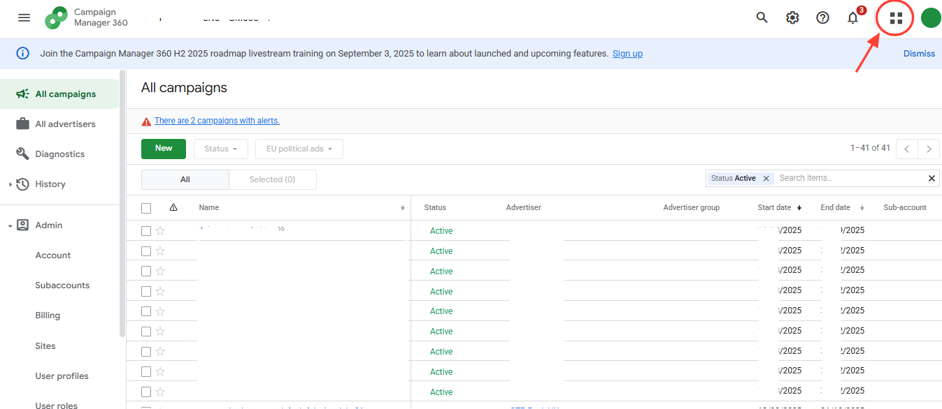 Opening page (campaign list) in DoubleClick Campaign Manager.