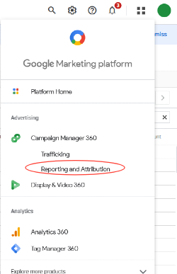 Platform home menu in DoubleClick: to navigate to the reporting view.