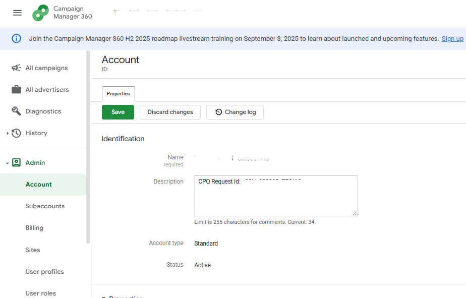 Account pane in DCM.