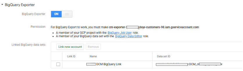 Entering the details of the BigQuery Link.