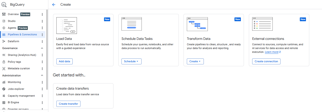 Creating new pipelines & connections in BigQuery
