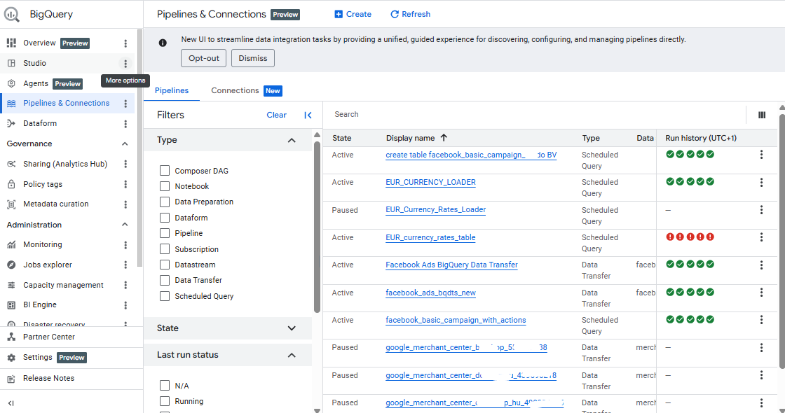 New Pipelines & Connections pane in BigQuery to manage all scheduled jobs.