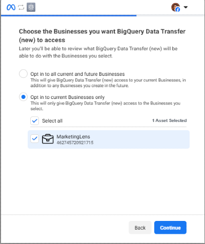 Facebook authorization to give credentials to the data transfer: selecting portfolio