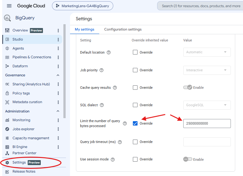 Changing your personal query limits in BigQuery Studio Settings.