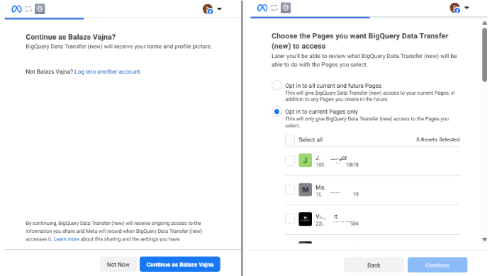 Facebook authorization to give credentials to the data transfer: selecting accounts