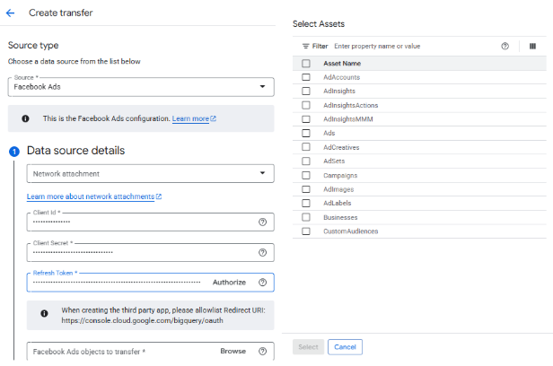 Selecting which tables to load in Facebook Ads BigQuery data transfer