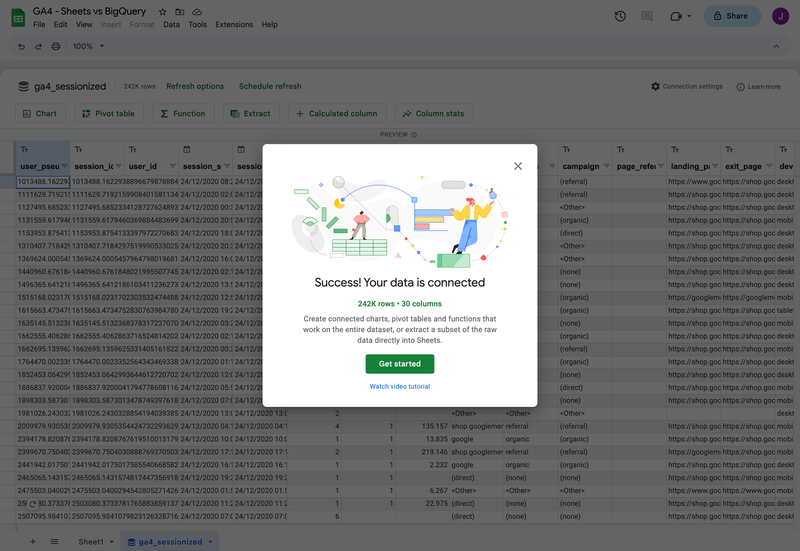 How to set up Google 'Connected' Sheets to access GA4 BigQuery export data without learning SQL