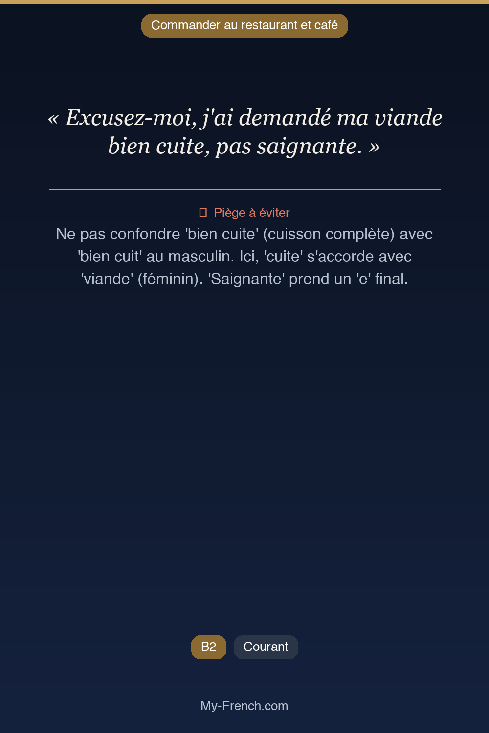 Phrase de français professionnel : Excusez-moi, j'ai demandé ma viande bien cuite, pas saignante.