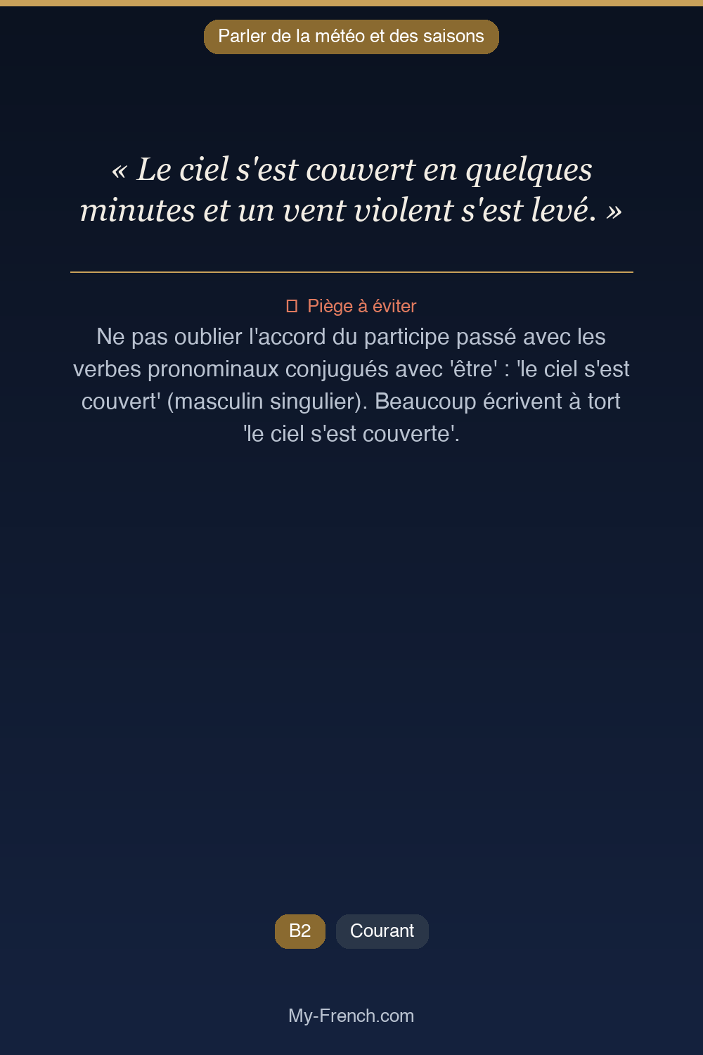 Phrase de français professionnel : Le ciel s'est couvert en quelques minutes et un vent violent s'est levé.