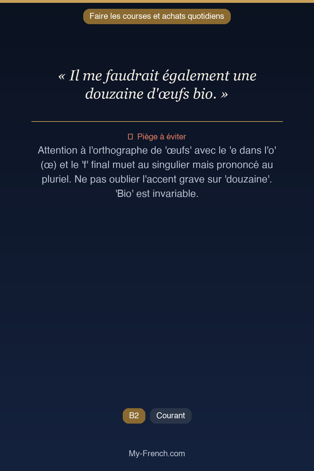 Phrase de français professionnel : Il me faudrait également une douzaine d'œufs bio.