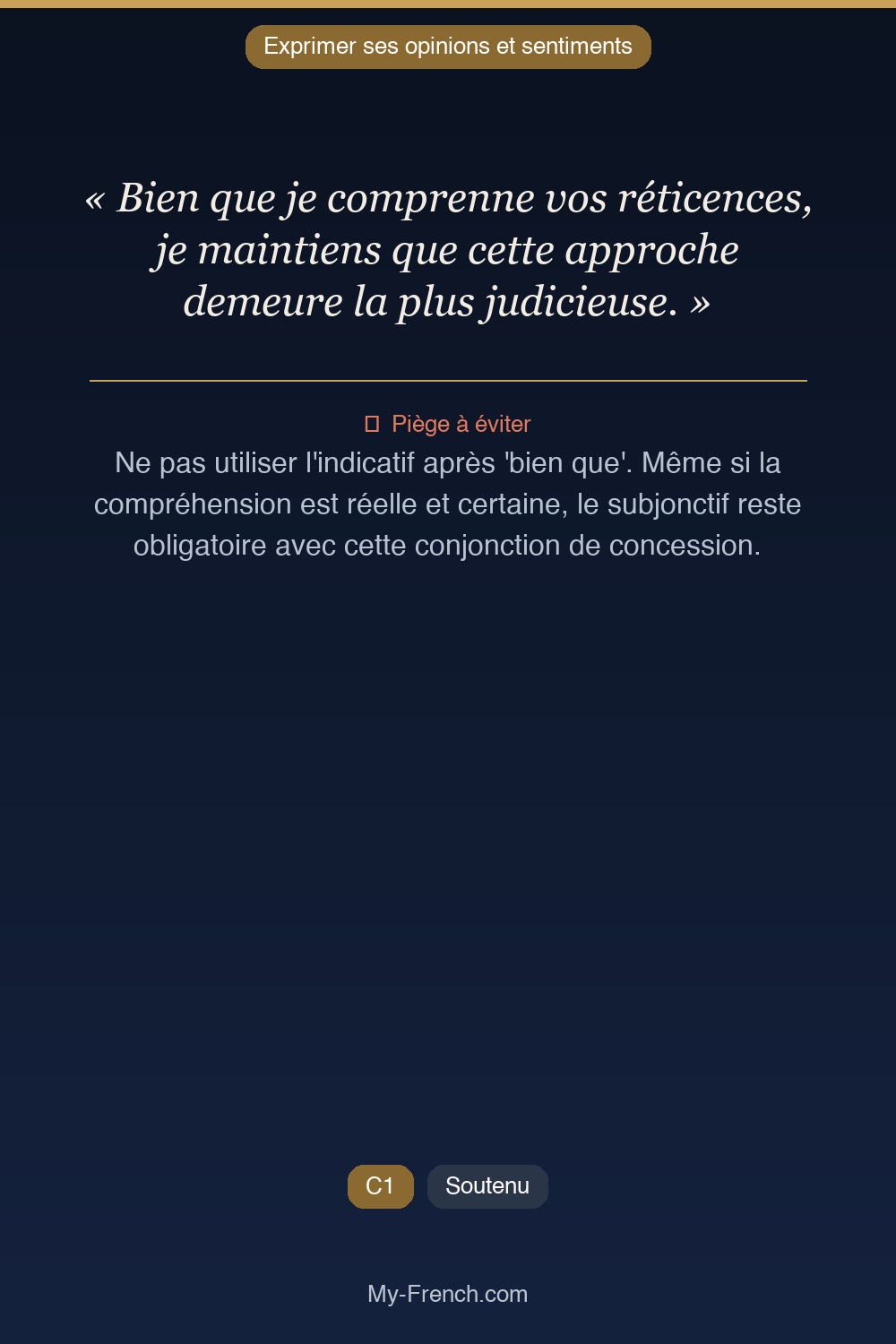 Phrase de français professionnel : Bien que je comprenne vos réticences, je maintiens que cette approche demeure la plus judicieuse.
