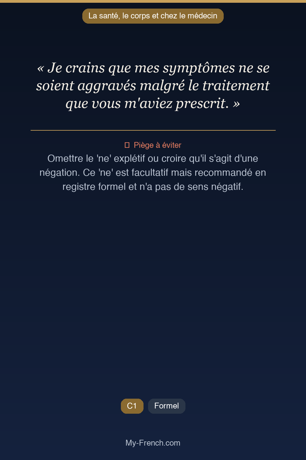 Phrase de français professionnel : Je crains que mes symptômes ne se soient aggravés malgré le traitement que vous m'aviez prescrit.