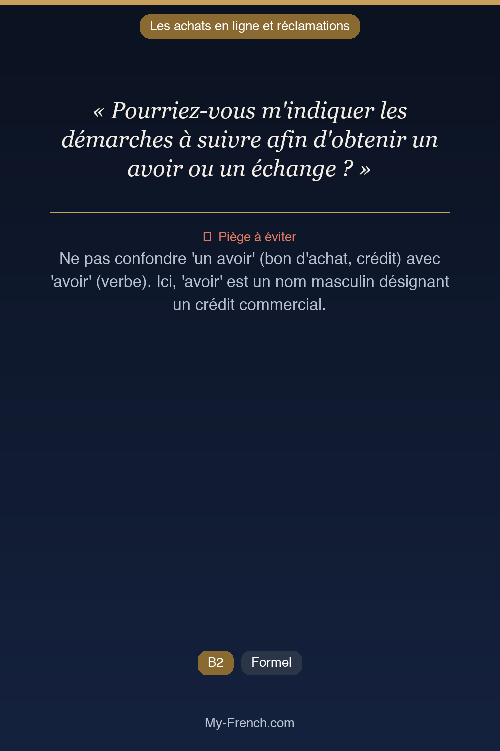 Phrase de français professionnel : Pourriez-vous m'indiquer les démarches à suivre afin d'obtenir un avoir ou un échange ?