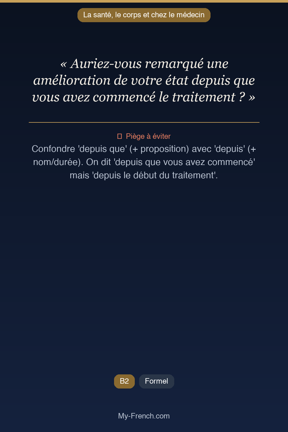 Phrase de français professionnel : Auriez-vous remarqué une amélioration de votre état depuis que vous avez commencé le traitement ?