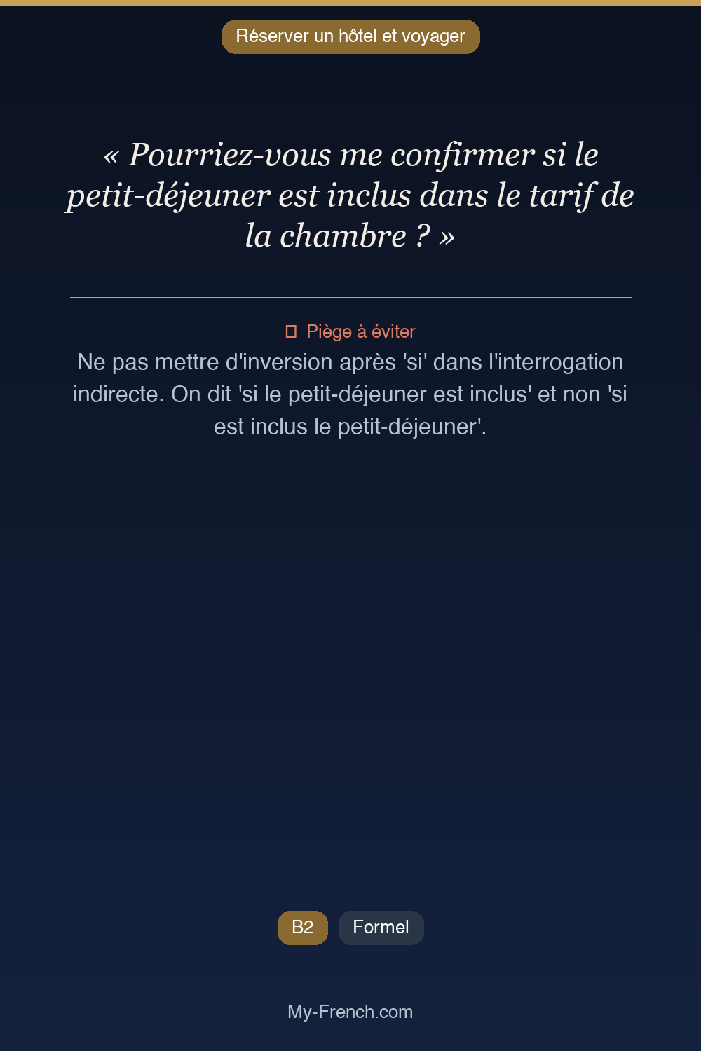Phrase de français professionnel : Pourriez-vous me confirmer si le petit-déjeuner est inclus dans le tarif de la chambre ?