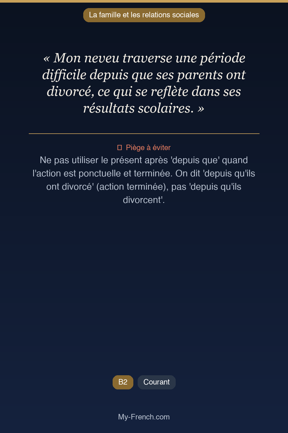 Phrase de français professionnel : Mon neveu traverse une période difficile depuis que ses parents ont divorcé, ce qui se reflète dans ses résultats scolaires.